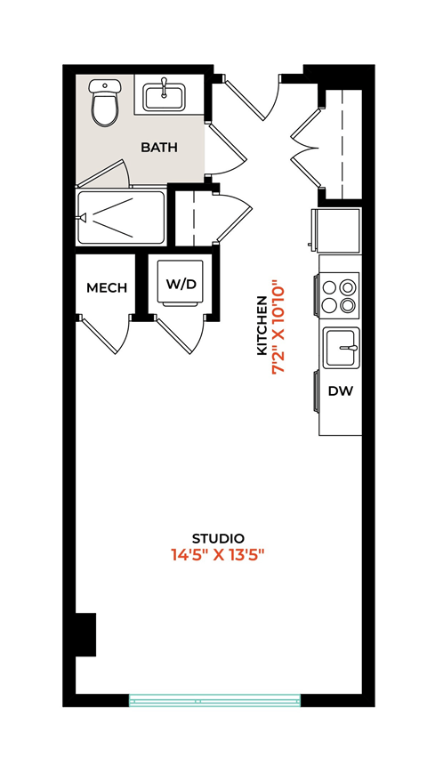 Floor plan for studio, 1 bath, 480 sqft